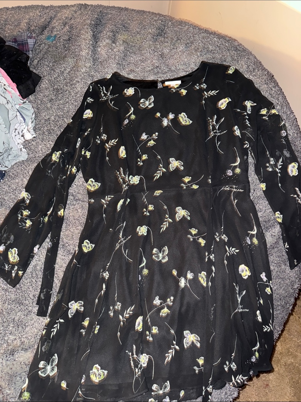 Black Long-Sleeve Floral Fit-and-Flare Dress